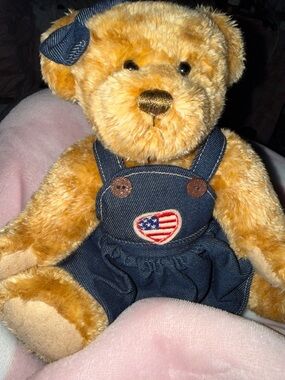 Willow Creek Best Way Plush Teddy Bear wearing Denim Dress with Flag Heart.